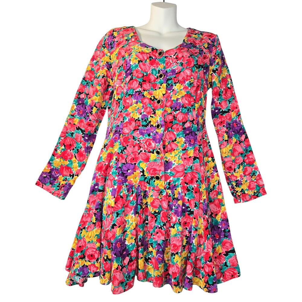 Vintage‎ The Original Womens Medium Button Front Dress Floral 80s Cottagecore